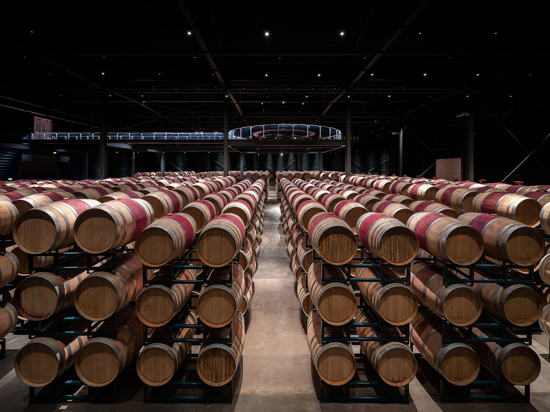 Rows of oak barrels in the atmospheric cellar of Xige Estate